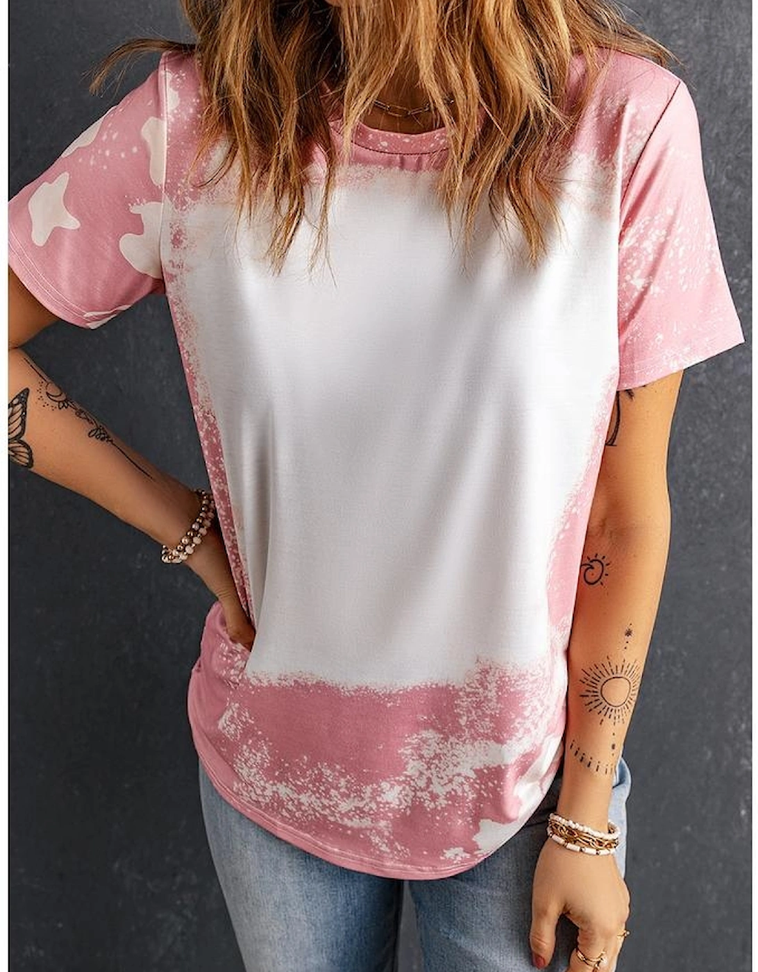 Pink Tie Dye Color Bleached Short Sleeve T Shirt