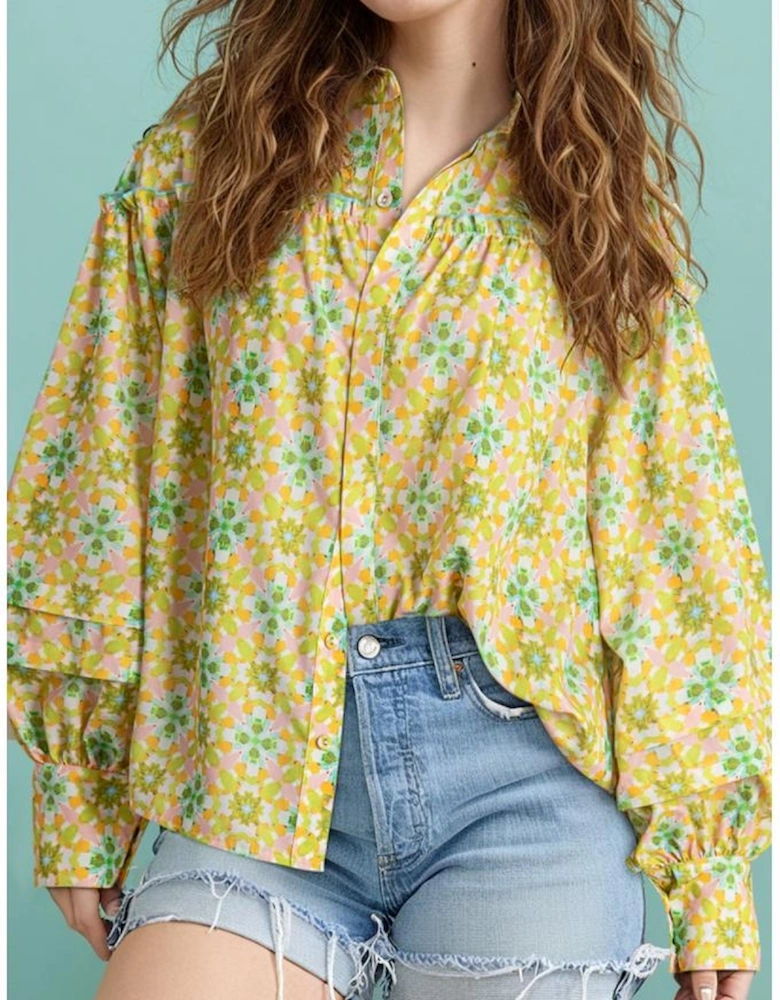 Green Boho Floral Print Frilly Detail Puff Sleeve Shirt