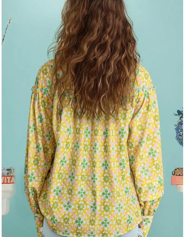 Green Boho Floral Print Frilly Detail Puff Sleeve Shirt