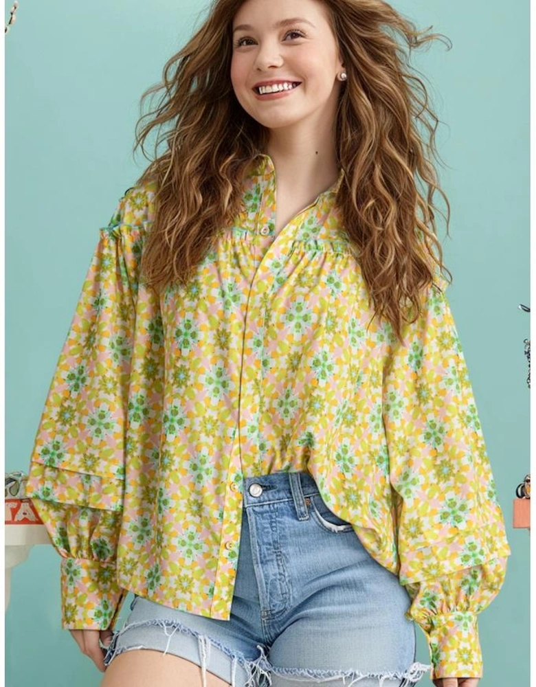 Green Boho Floral Print Frilly Detail Puff Sleeve Shirt