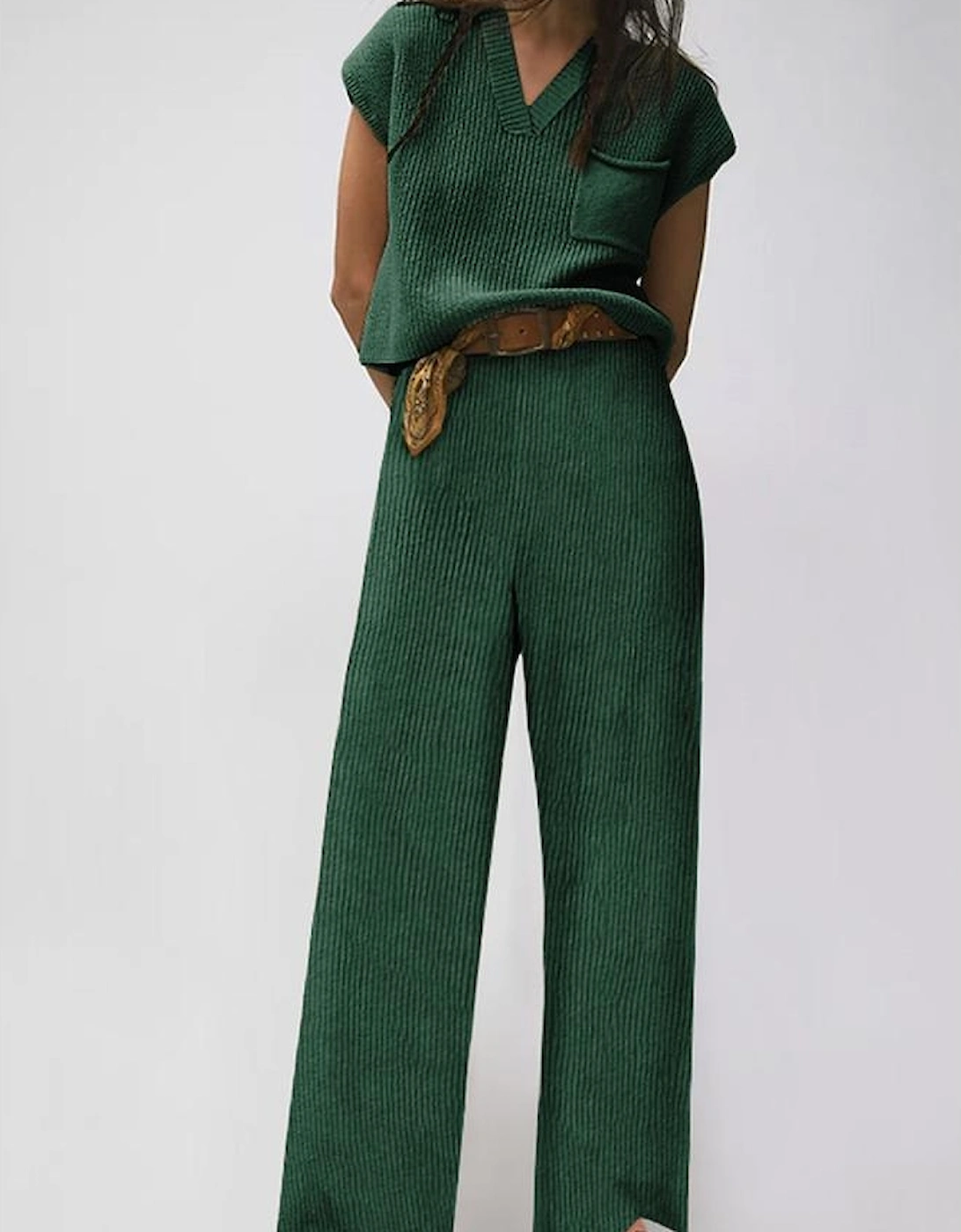 Green Knitted V Neck Sweater and Casual Pants Set