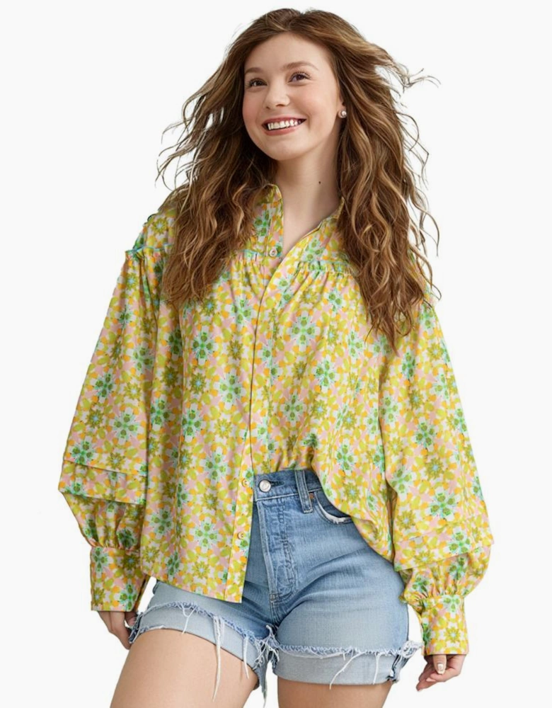 Green Boho Floral Print Frilly Detail Puff Sleeve Shirt