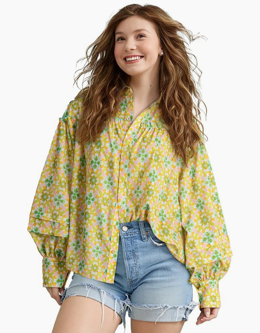 Green Boho Floral Print Frilly Detail Puff Sleeve Shirt