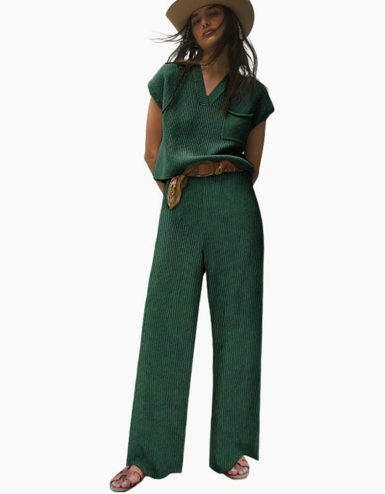 Green Knitted V Neck Sweater and Casual Pants Set