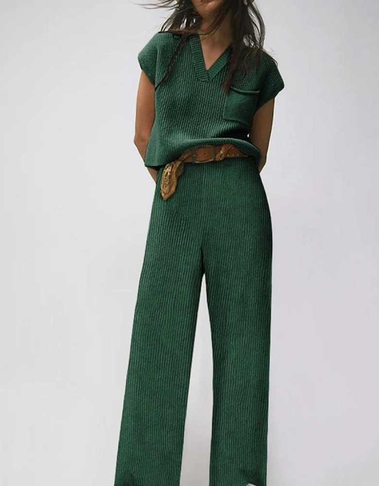 Green Knitted V Neck Sweater and Casual Pants Set