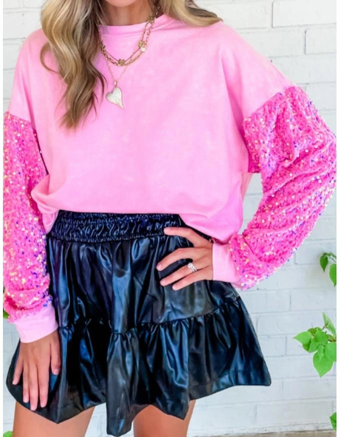 Pink Sequin Patchwork Long Sleeve Pullover Top