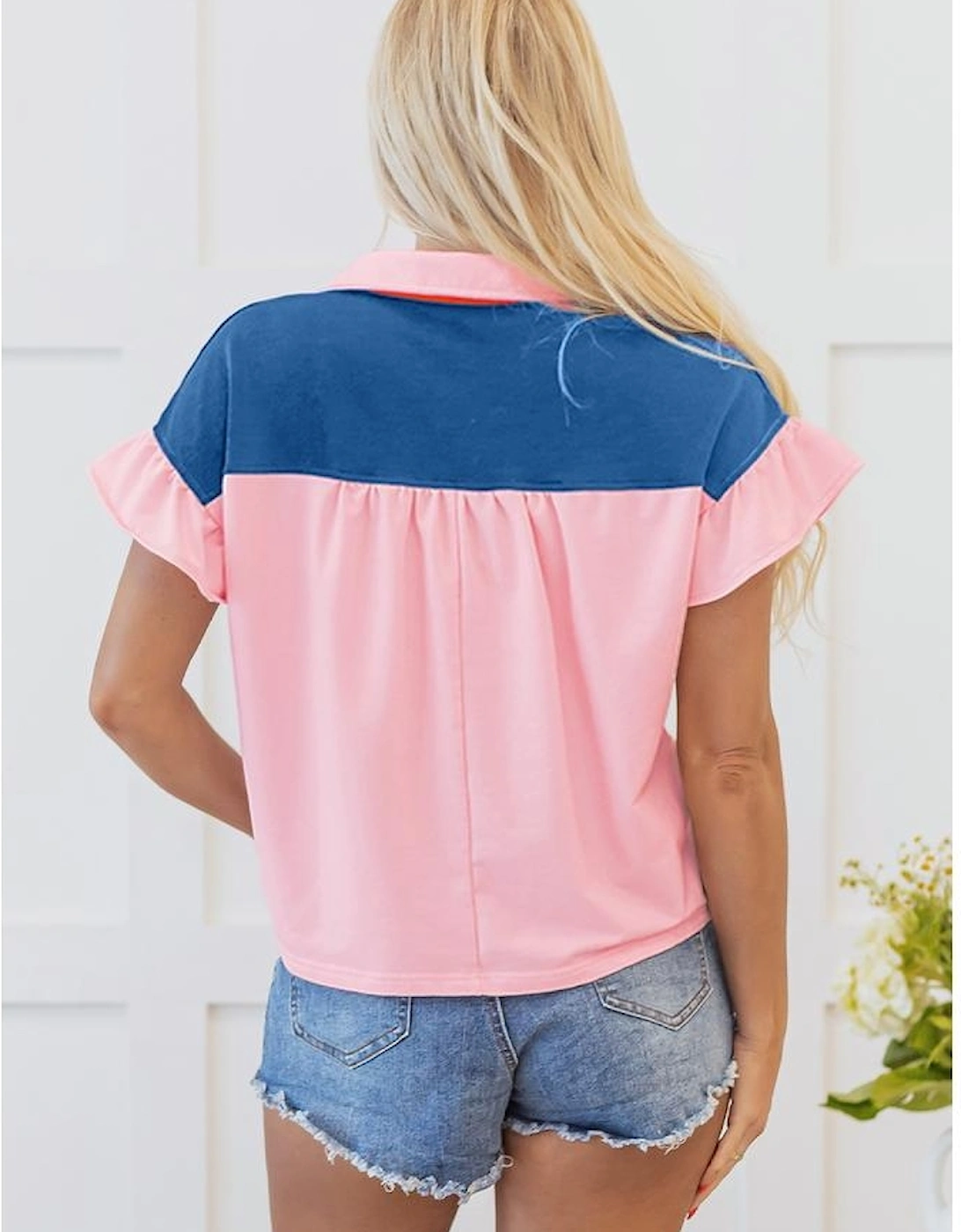 Gossamer Pink Color Block Half Buttoned Ruffled Short Sleeve T Shirt
