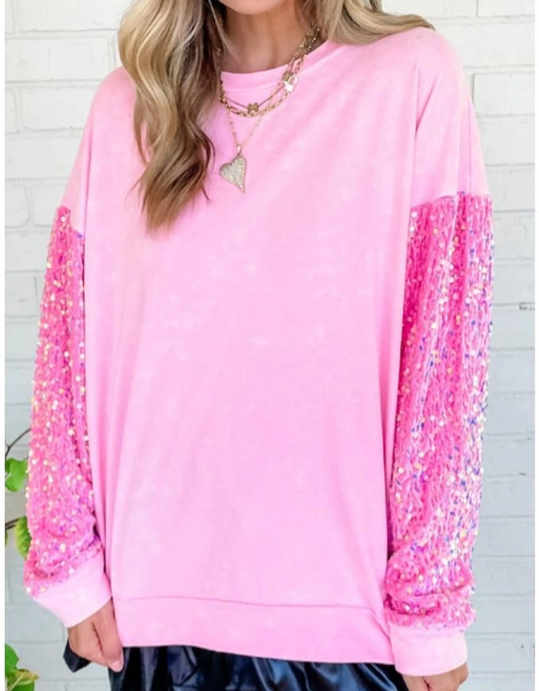 Pink Sequin Patchwork Long Sleeve Pullover Top