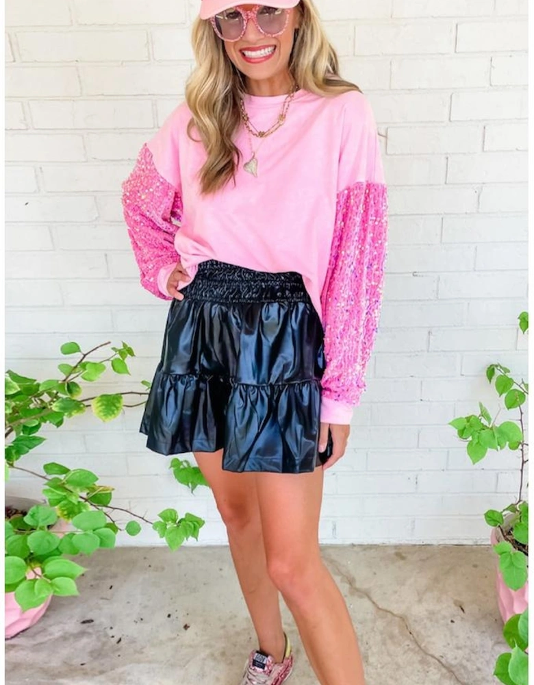 Pink Sequin Patchwork Long Sleeve Pullover Top