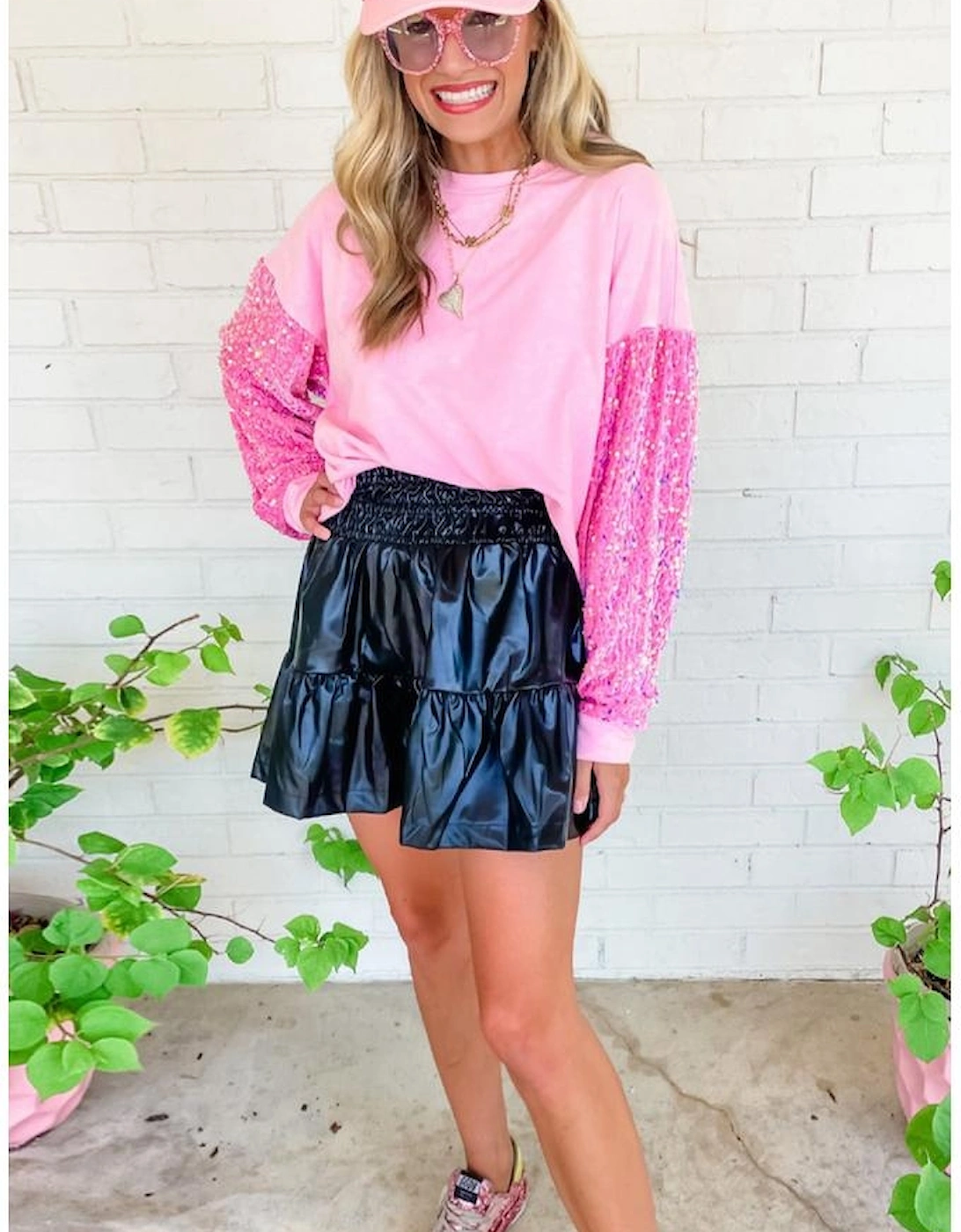 Pink Sequin Patchwork Long Sleeve Pullover Top