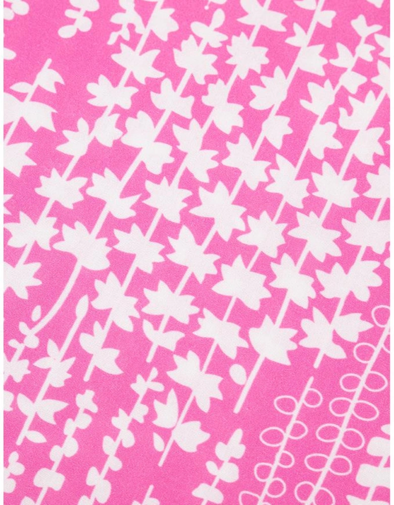 Pink Abstract Print Ric Rac Trim Flutter Sleeve Notch V Neck Blouse