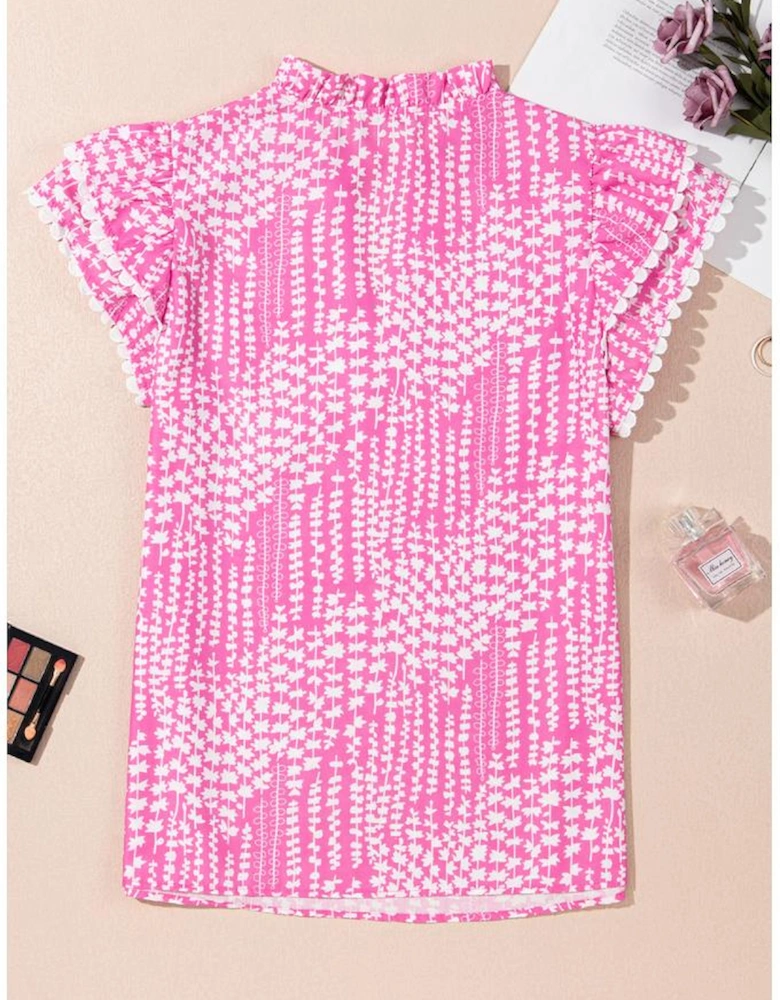 Pink Abstract Print Ric Rac Trim Flutter Sleeve Notch V Neck Blouse