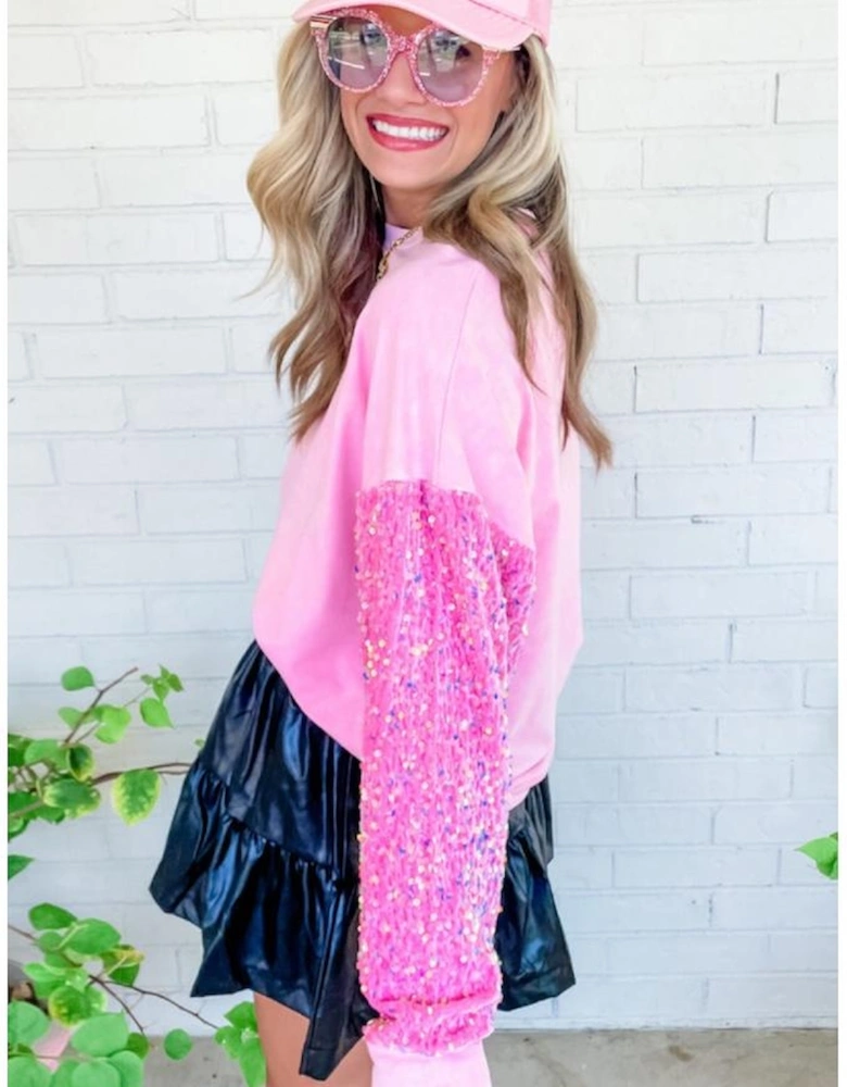 Pink Sequin Patchwork Long Sleeve Pullover Top