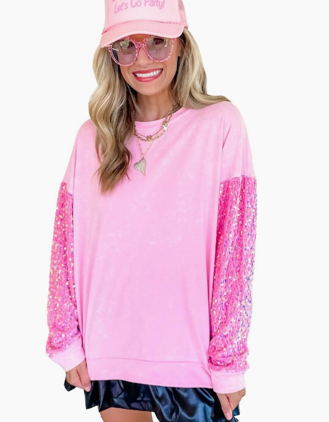 Pink Sequin Patchwork Long Sleeve Pullover Top