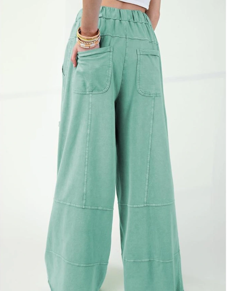 Mint Green Mineral Wash Exposed Seam Drawstring High Waist Wide Leg Cargo Pants