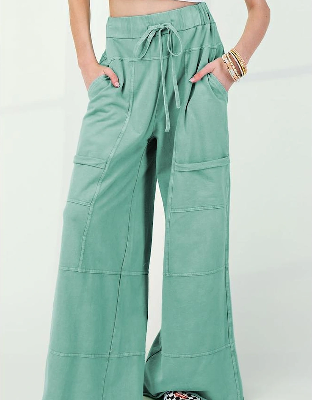 Mint Green Mineral Wash Exposed Seam Drawstring High Waist Wide Leg Cargo Pants