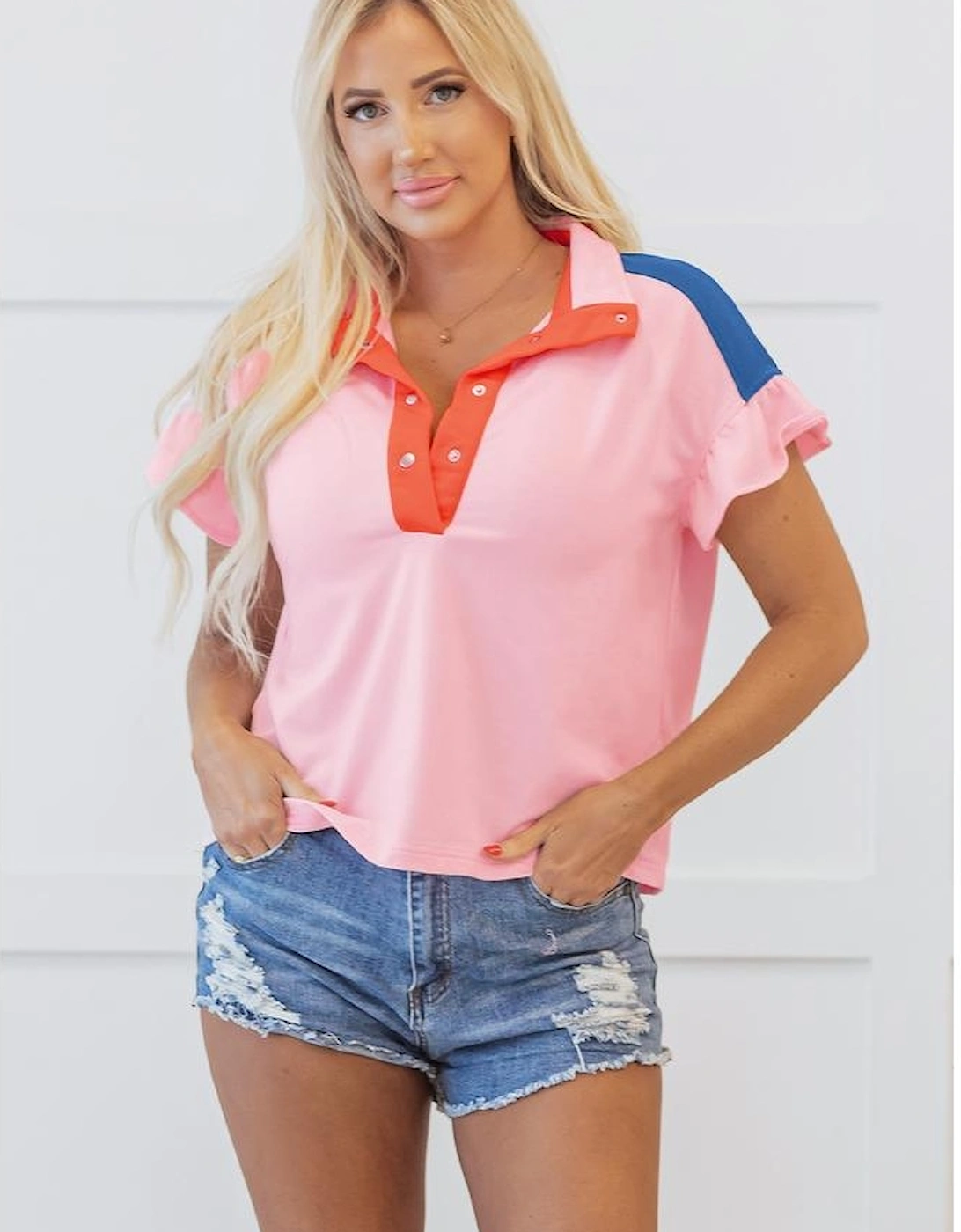 Gossamer Pink Color Block Half Buttoned Ruffled Short Sleeve T Shirt
