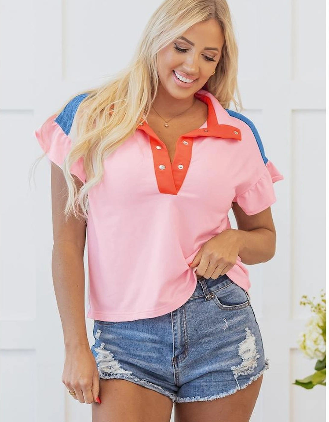 Gossamer Pink Color Block Half Buttoned Ruffled Short Sleeve T Shirt