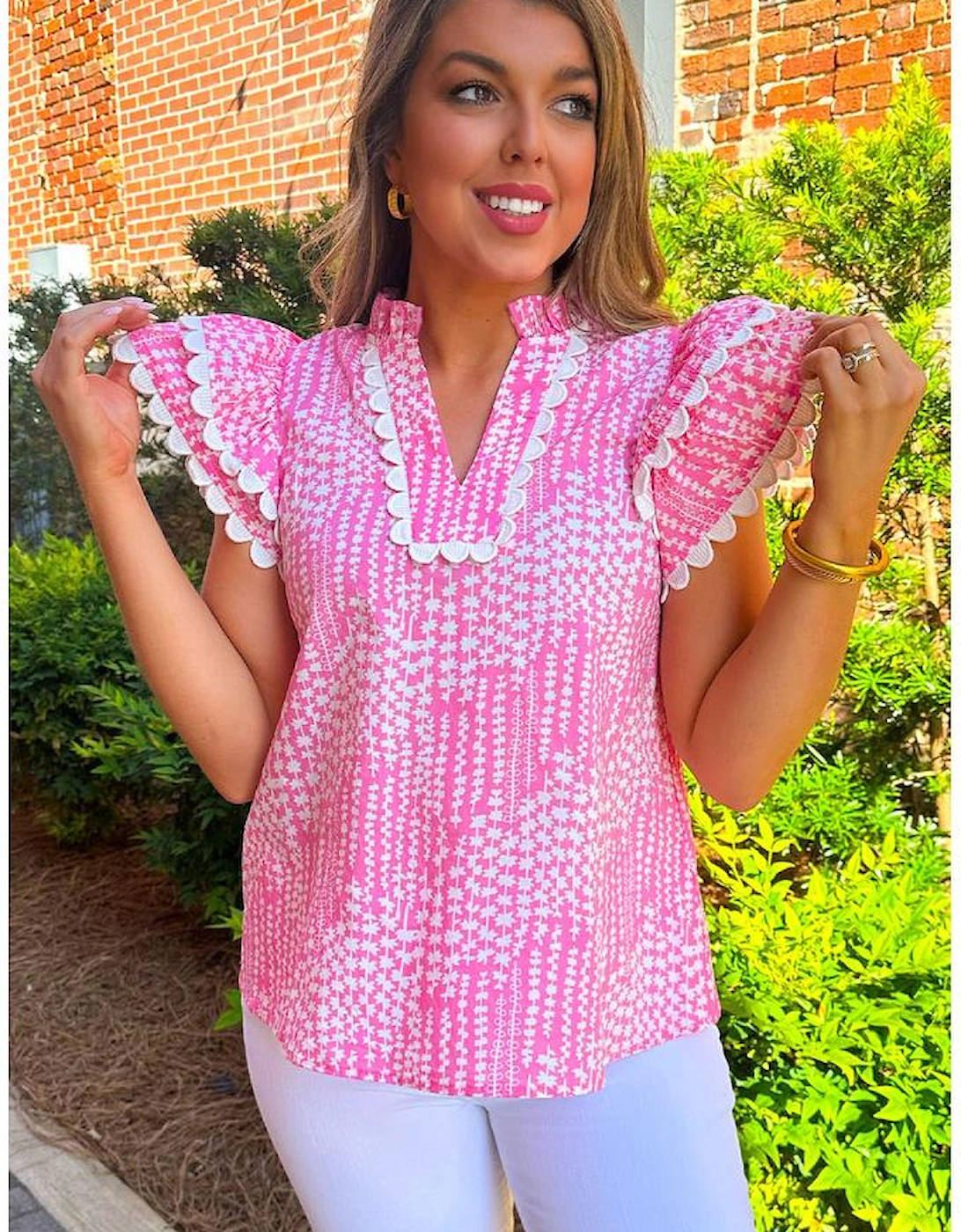 Pink Abstract Print Ric Rac Trim Flutter Sleeve Notch V Neck Blouse