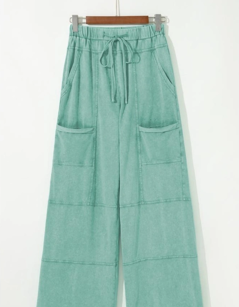 Mint Green Mineral Wash Exposed Seam Drawstring High Waist Wide Leg Cargo Pants