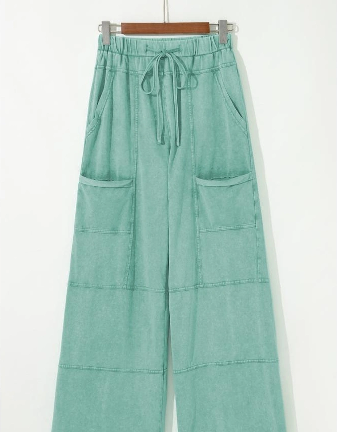 Mint Green Mineral Wash Exposed Seam Drawstring High Waist Wide Leg Cargo Pants