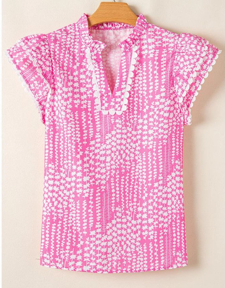 Pink Abstract Print Ric Rac Trim Flutter Sleeve Notch V Neck Blouse