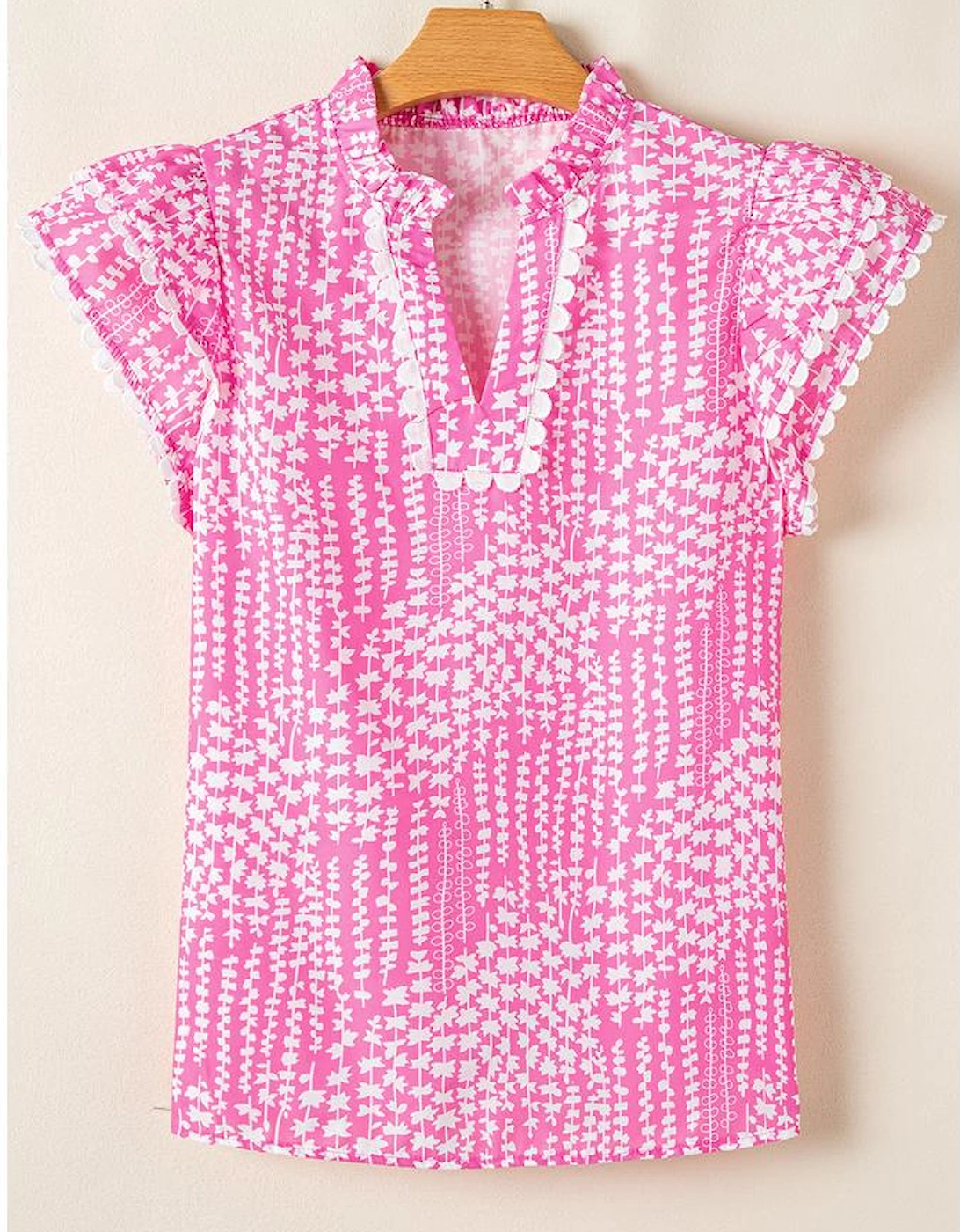 Pink Abstract Print Ric Rac Trim Flutter Sleeve Notch V Neck Blouse