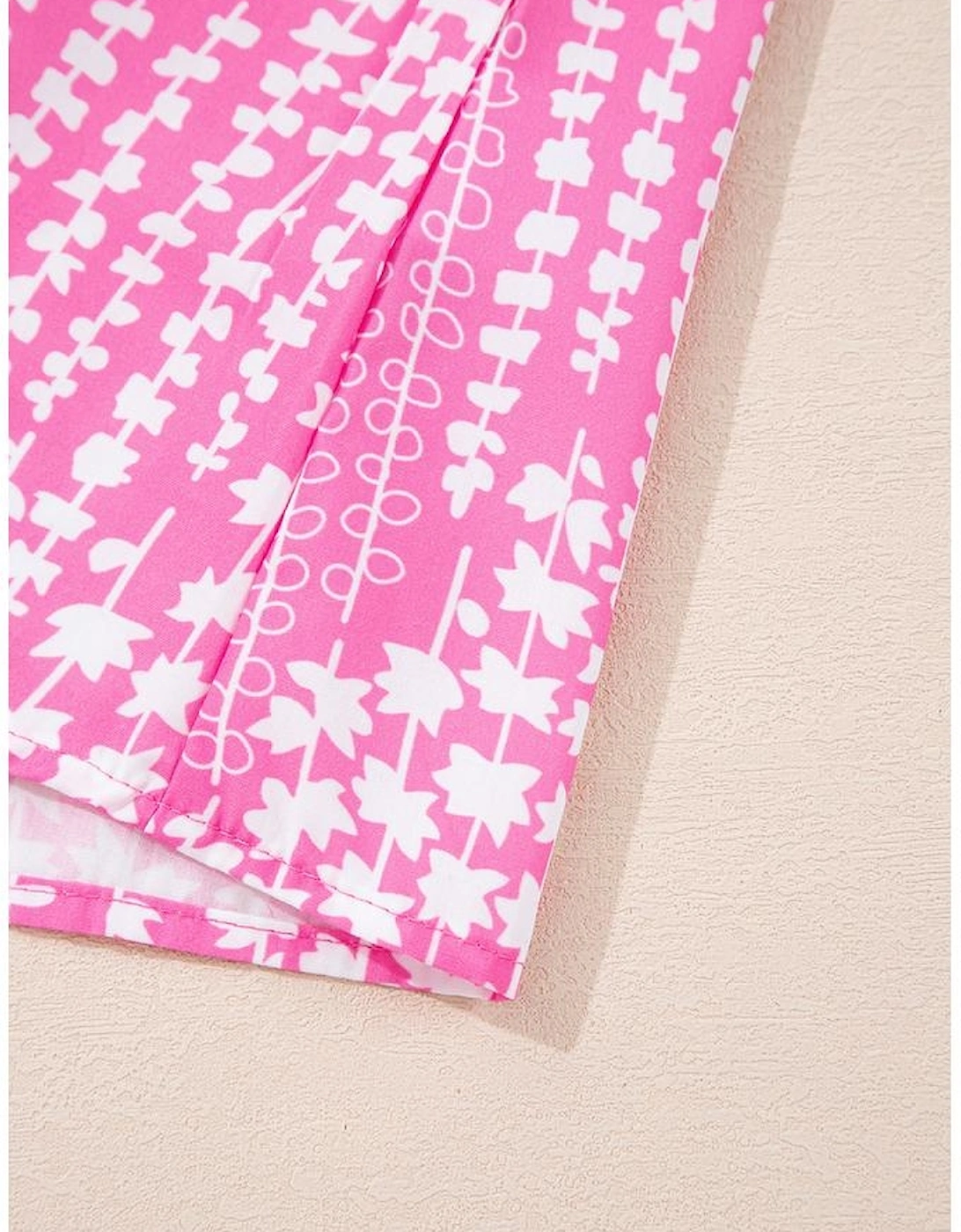 Pink Abstract Print Ric Rac Trim Flutter Sleeve Notch V Neck Blouse