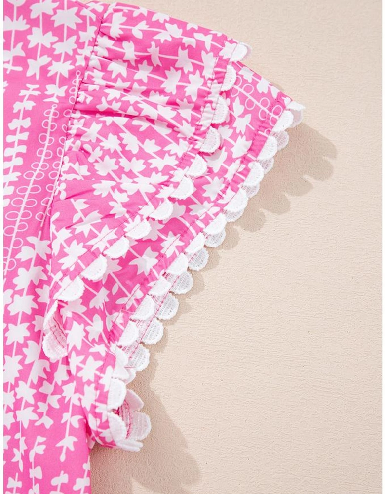 Pink Abstract Print Ric Rac Trim Flutter Sleeve Notch V Neck Blouse