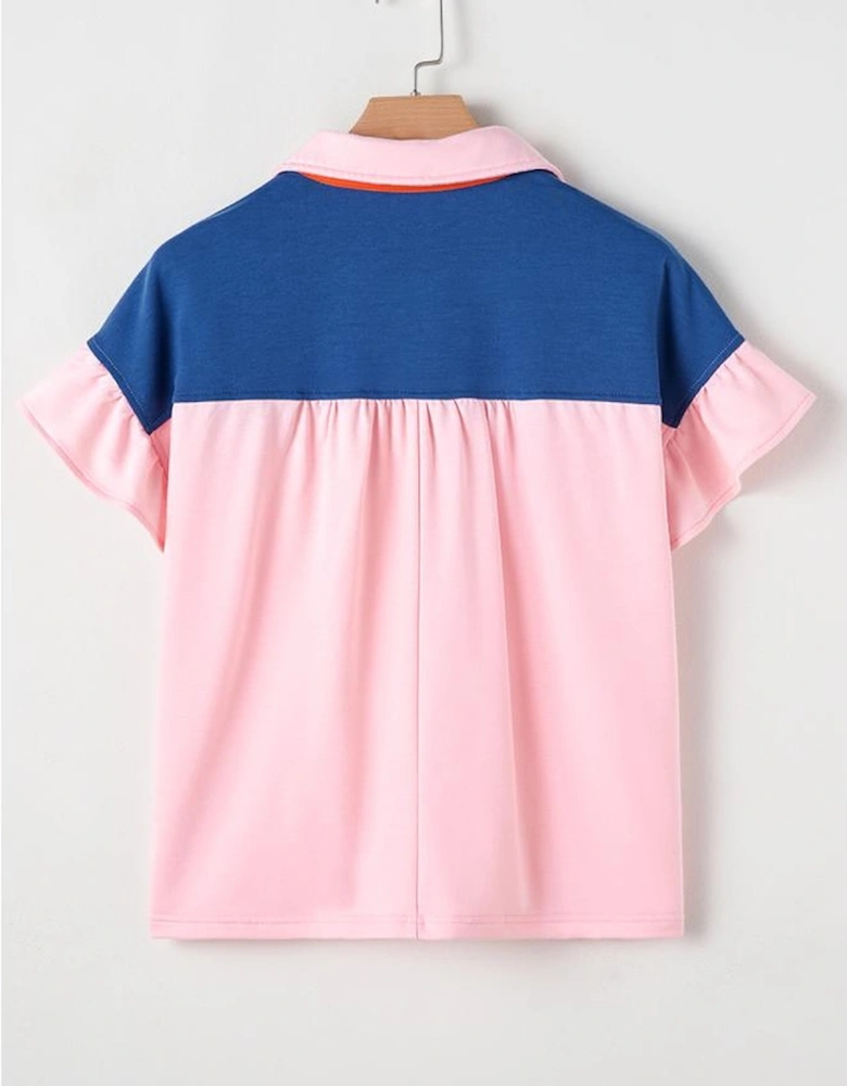 Gossamer Pink Color Block Half Buttoned Ruffled Short Sleeve T Shirt