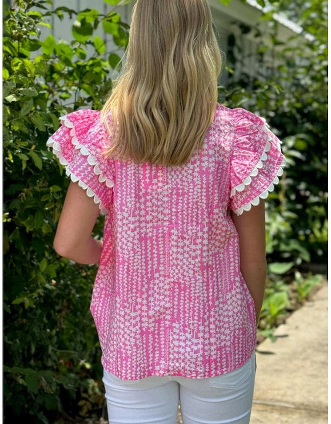 Pink Abstract Print Ric Rac Trim Flutter Sleeve Notch V Neck Blouse