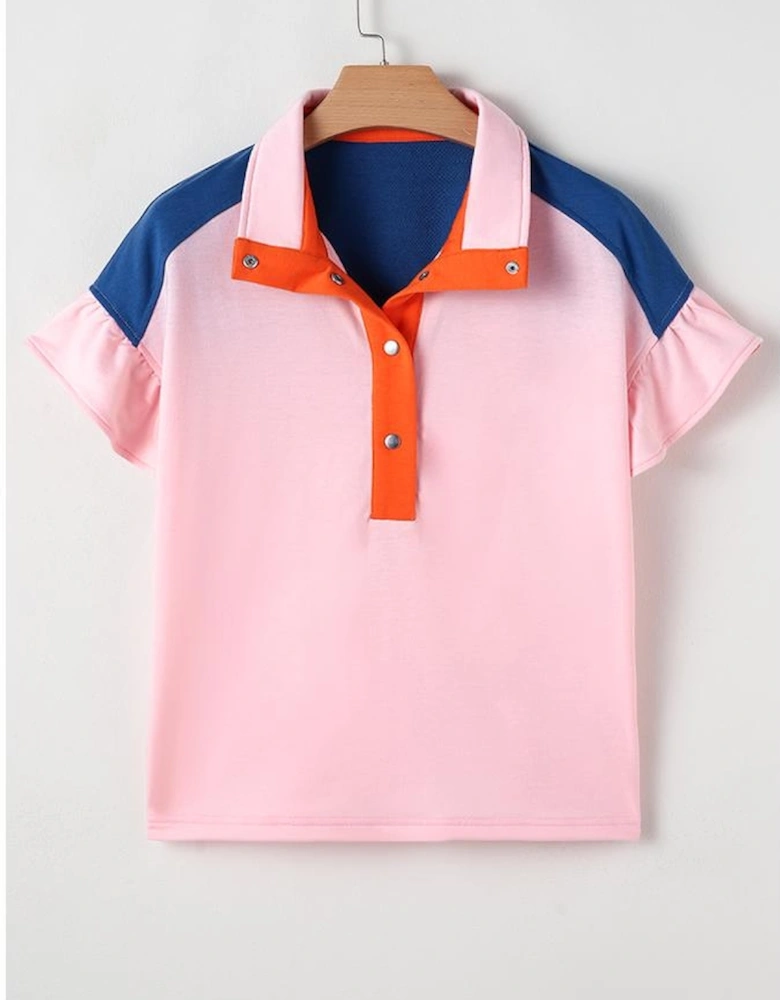 Gossamer Pink Color Block Half Buttoned Ruffled Short Sleeve T Shirt
