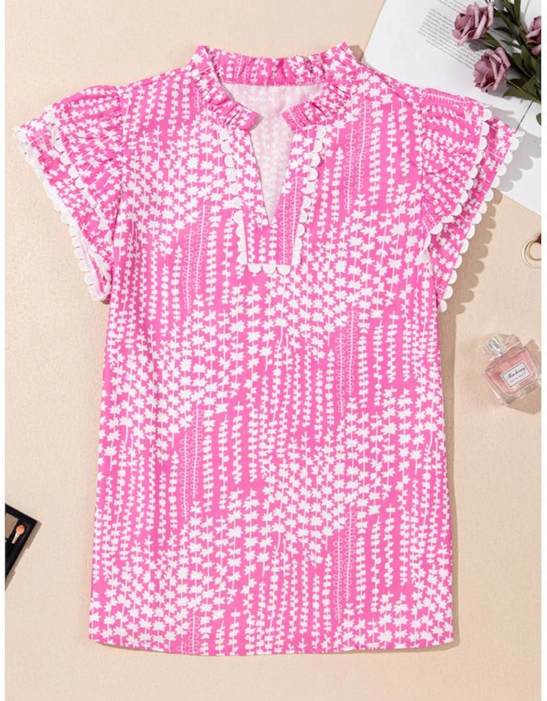 Pink Abstract Print Ric Rac Trim Flutter Sleeve Notch V Neck Blouse