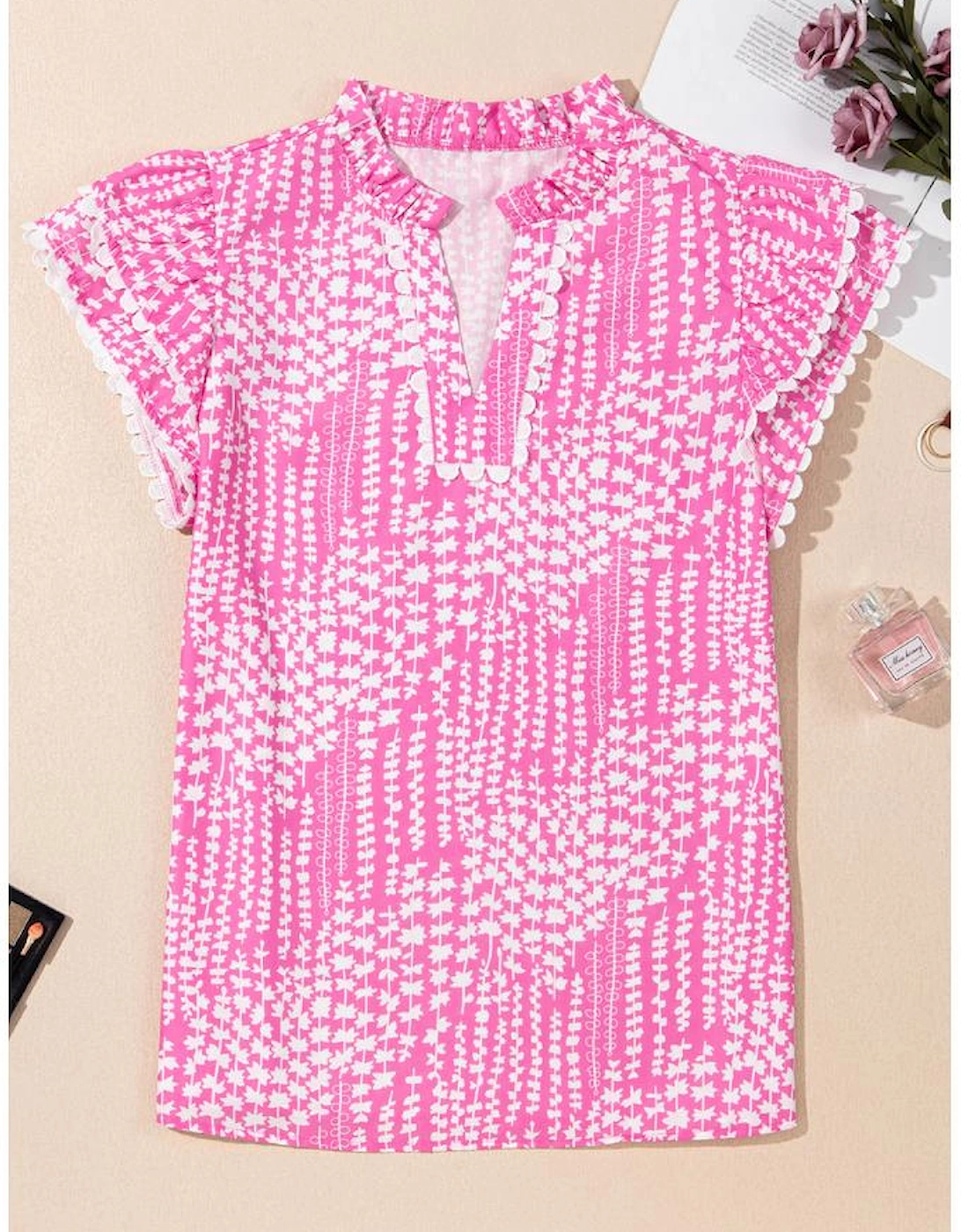 Pink Abstract Print Ric Rac Trim Flutter Sleeve Notch V Neck Blouse
