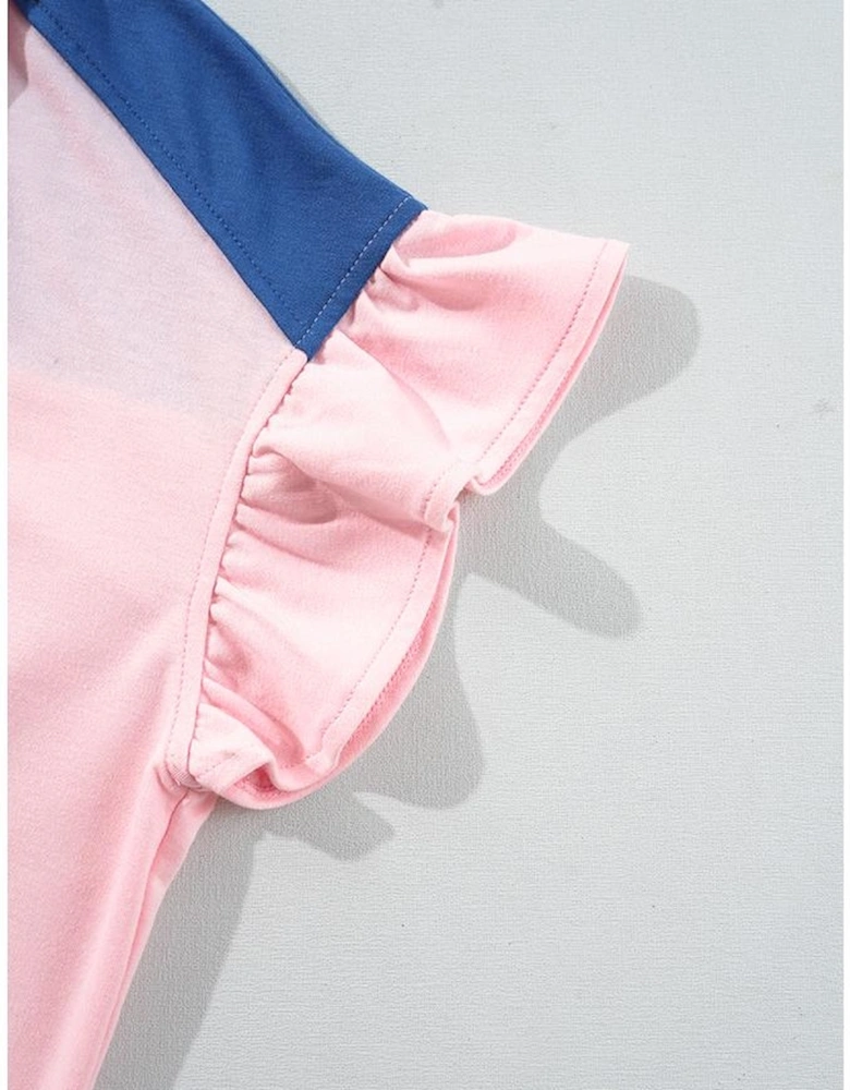 Gossamer Pink Color Block Half Buttoned Ruffled Short Sleeve T Shirt