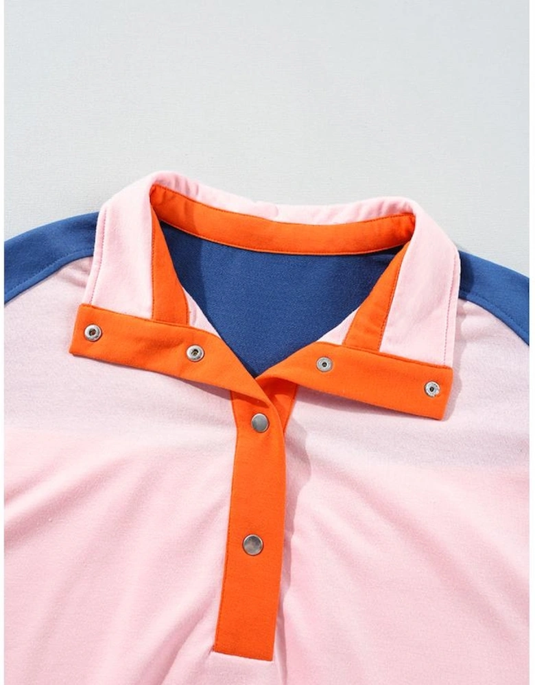 Gossamer Pink Color Block Half Buttoned Ruffled Short Sleeve T Shirt