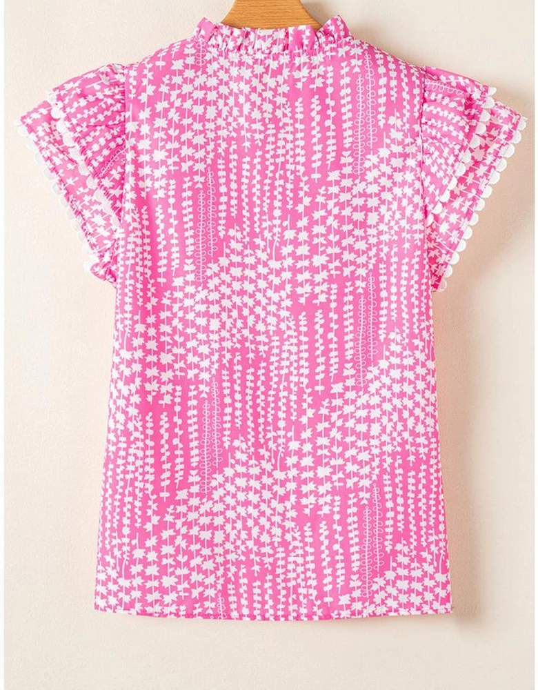 Pink Abstract Print Ric Rac Trim Flutter Sleeve Notch V Neck Blouse