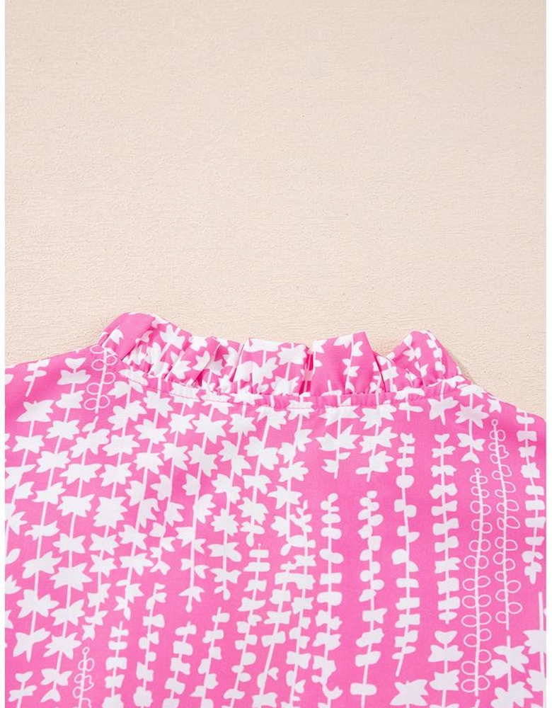 Pink Abstract Print Ric Rac Trim Flutter Sleeve Notch V Neck Blouse