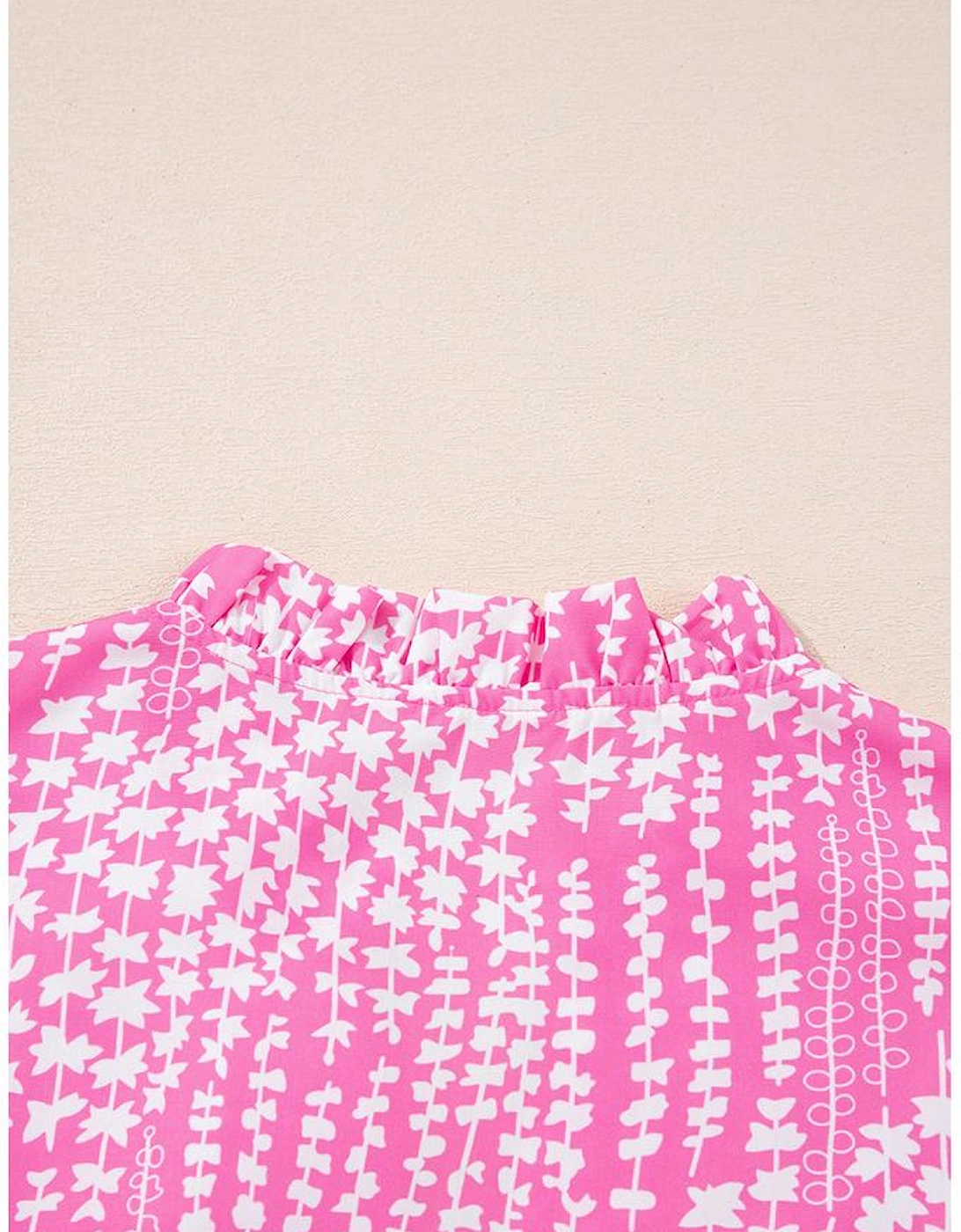 Pink Abstract Print Ric Rac Trim Flutter Sleeve Notch V Neck Blouse