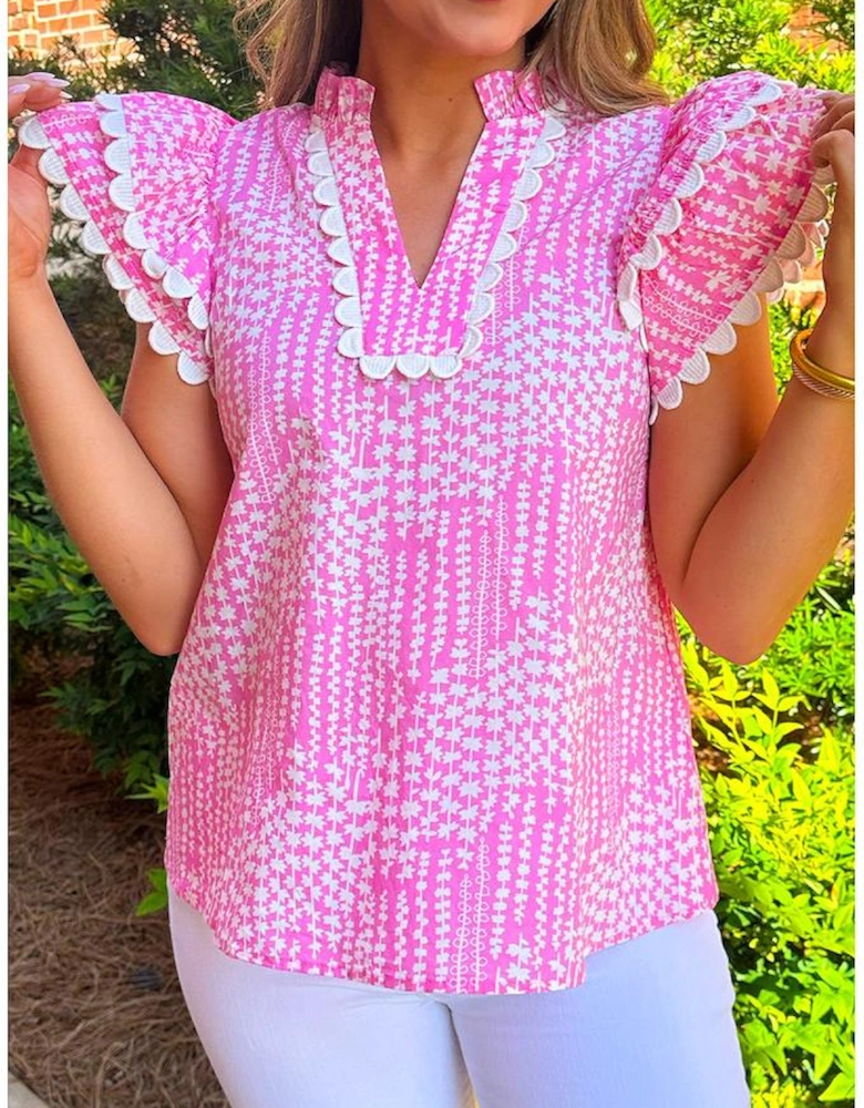 Pink Abstract Print Ric Rac Trim Flutter Sleeve Notch V Neck Blouse