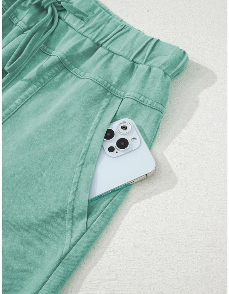 Mint Green Mineral Wash Exposed Seam Drawstring High Waist Wide Leg Cargo Pants