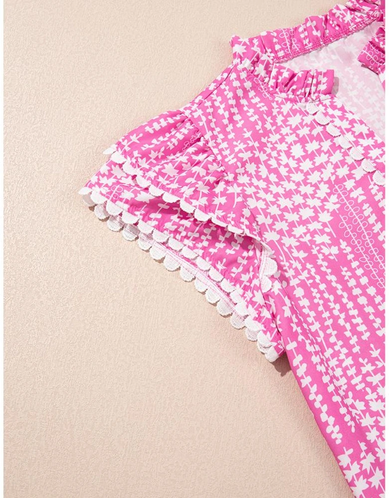 Pink Abstract Print Ric Rac Trim Flutter Sleeve Notch V Neck Blouse