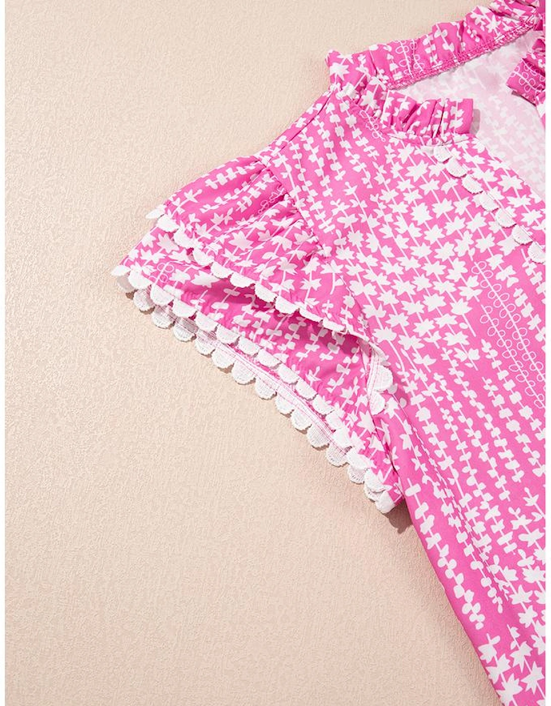 Pink Abstract Print Ric Rac Trim Flutter Sleeve Notch V Neck Blouse