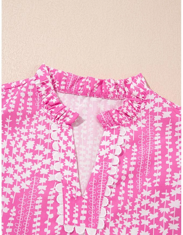Pink Abstract Print Ric Rac Trim Flutter Sleeve Notch V Neck Blouse
