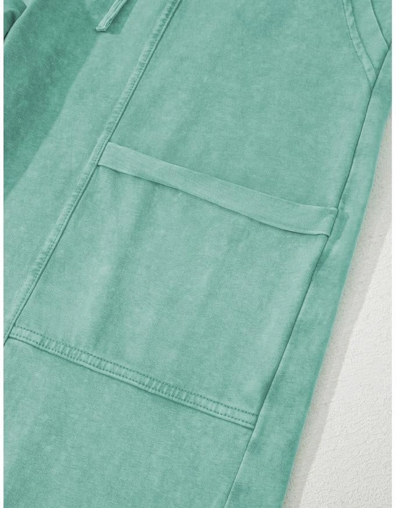 Mint Green Mineral Wash Exposed Seam Drawstring High Waist Wide Leg Cargo Pants
