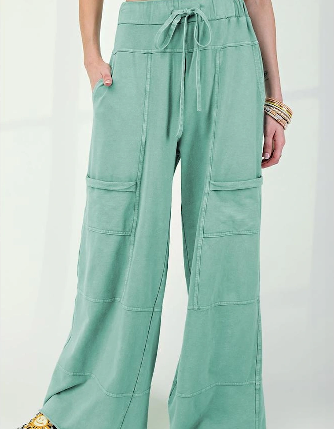Mint Green Mineral Wash Exposed Seam Drawstring High Waist Wide Leg Cargo Pants