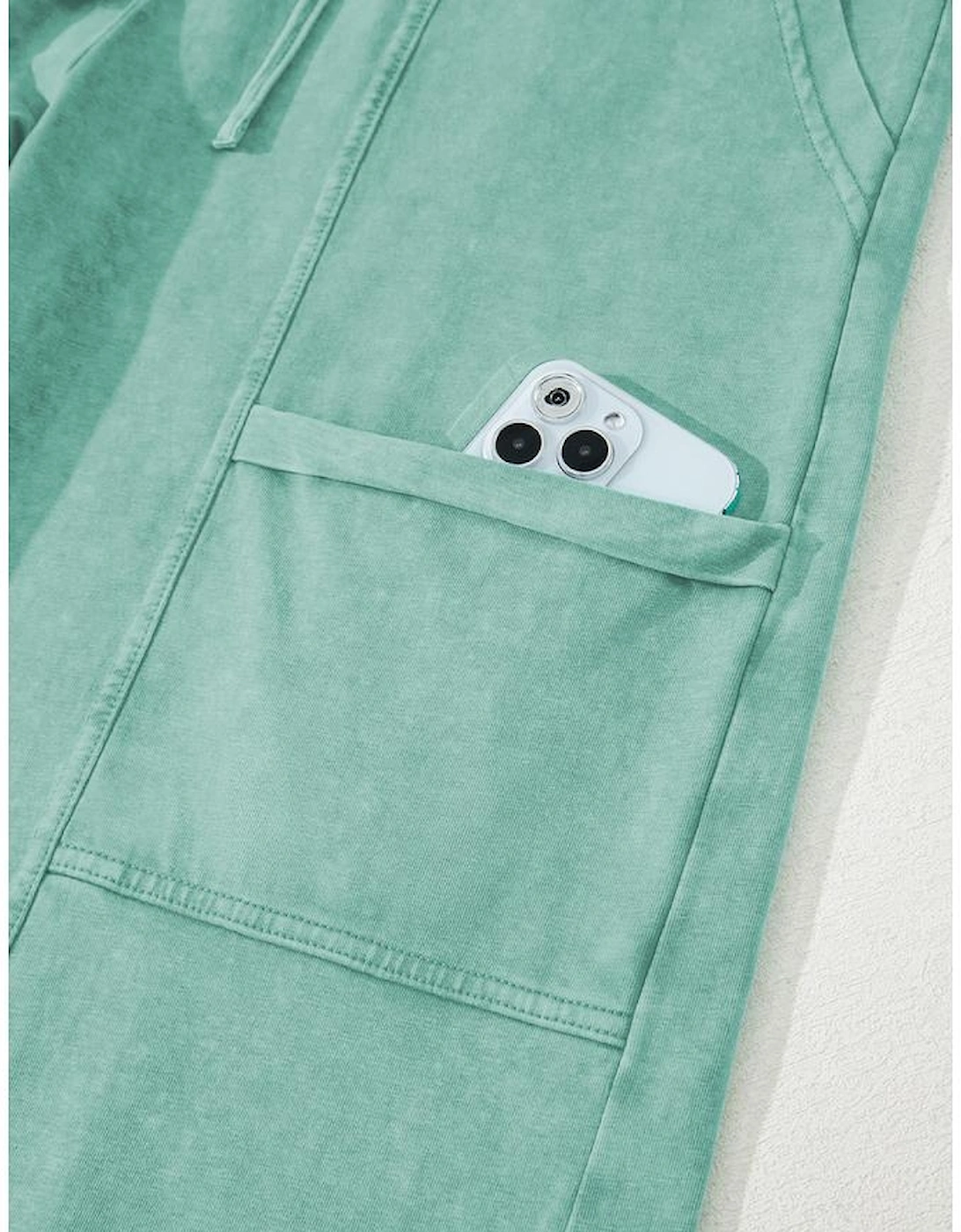 Mint Green Mineral Wash Exposed Seam Drawstring High Waist Wide Leg Cargo Pants
