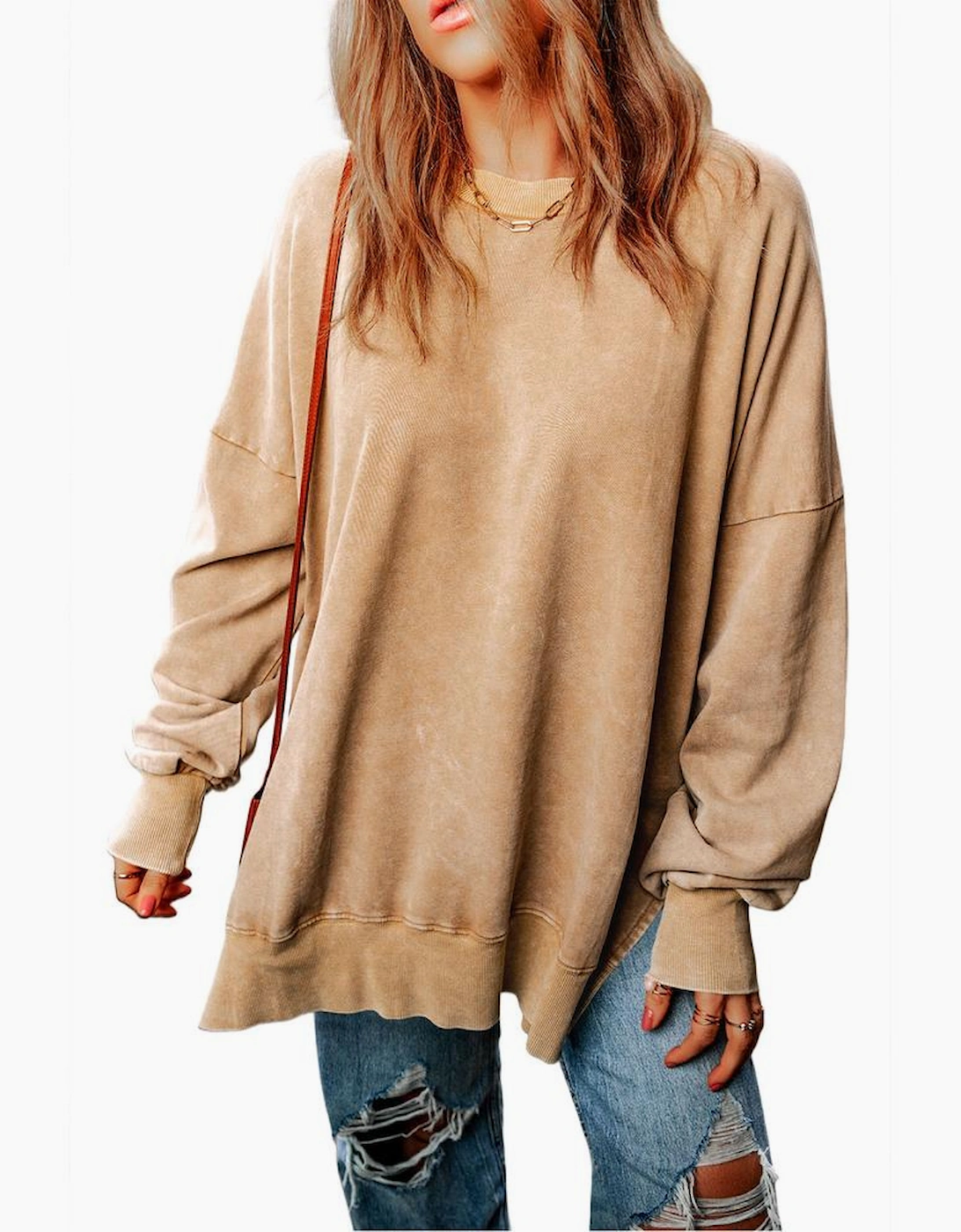 Khaki Drop Shoulder Ribbed Trim Oversized Sweatshirt