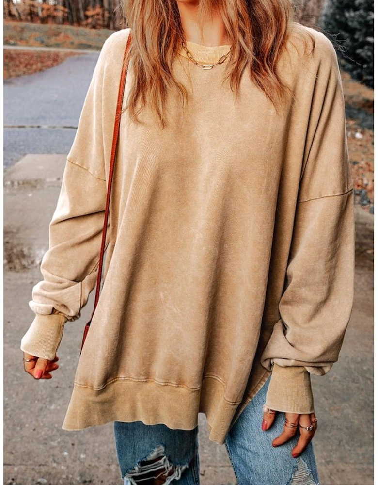 Khaki Drop Shoulder Ribbed Trim Oversized Sweatshirt