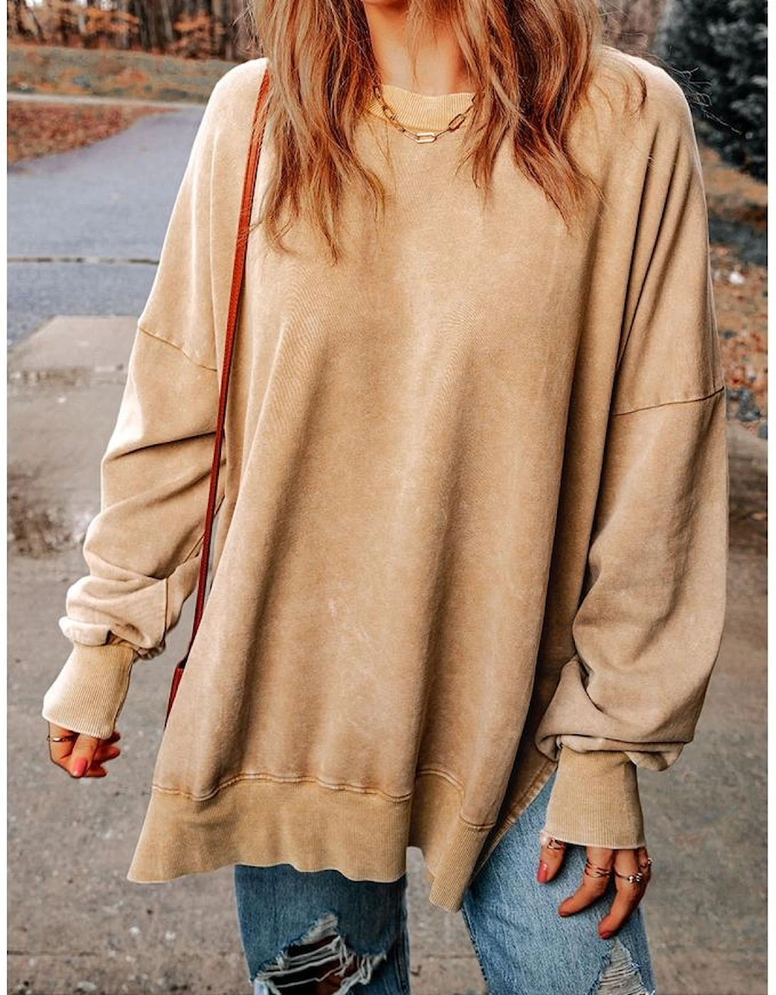 Khaki Drop Shoulder Ribbed Trim Oversized Sweatshirt